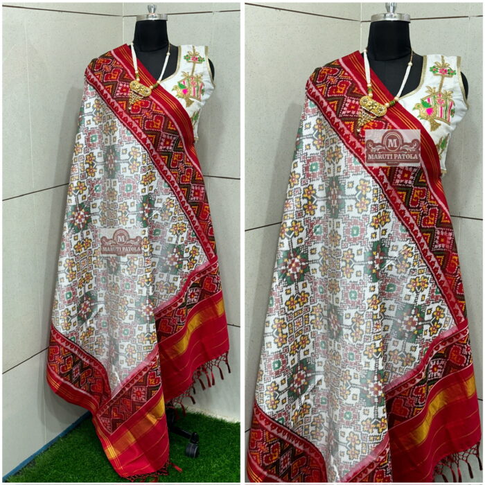 RED & WHITE TRADITIONAL NAVRANTA DESIGN SINGLE IKKAT PATAN PATOLA DUPPATA