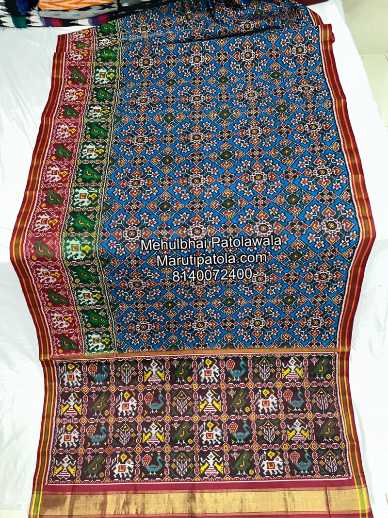 3D BORDER MAROON RED & GREEN & BLUE COLOUR TRADITIONAL SINGLE IKKAT PATAN PATOLA SAREE - Image 3