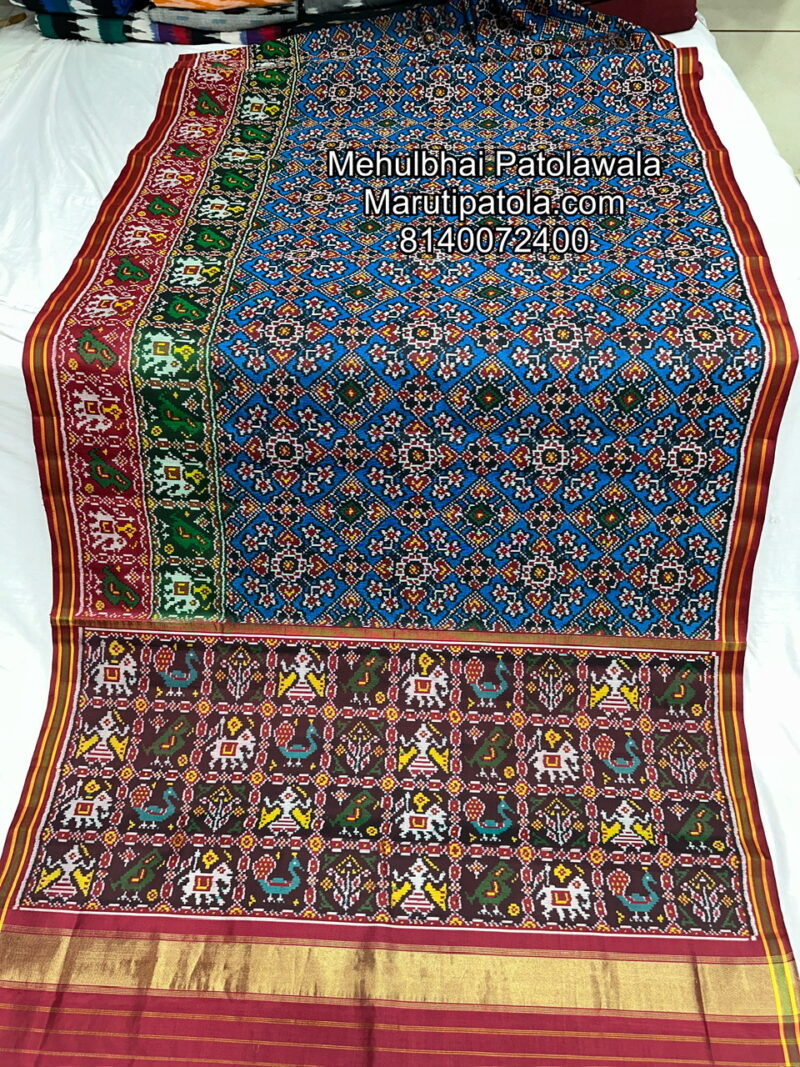 3D BORDER MAROON RED & GREEN & BLUE COLOUR TRADITIONAL SINGLE IKKAT PATAN PATOLA SAREE