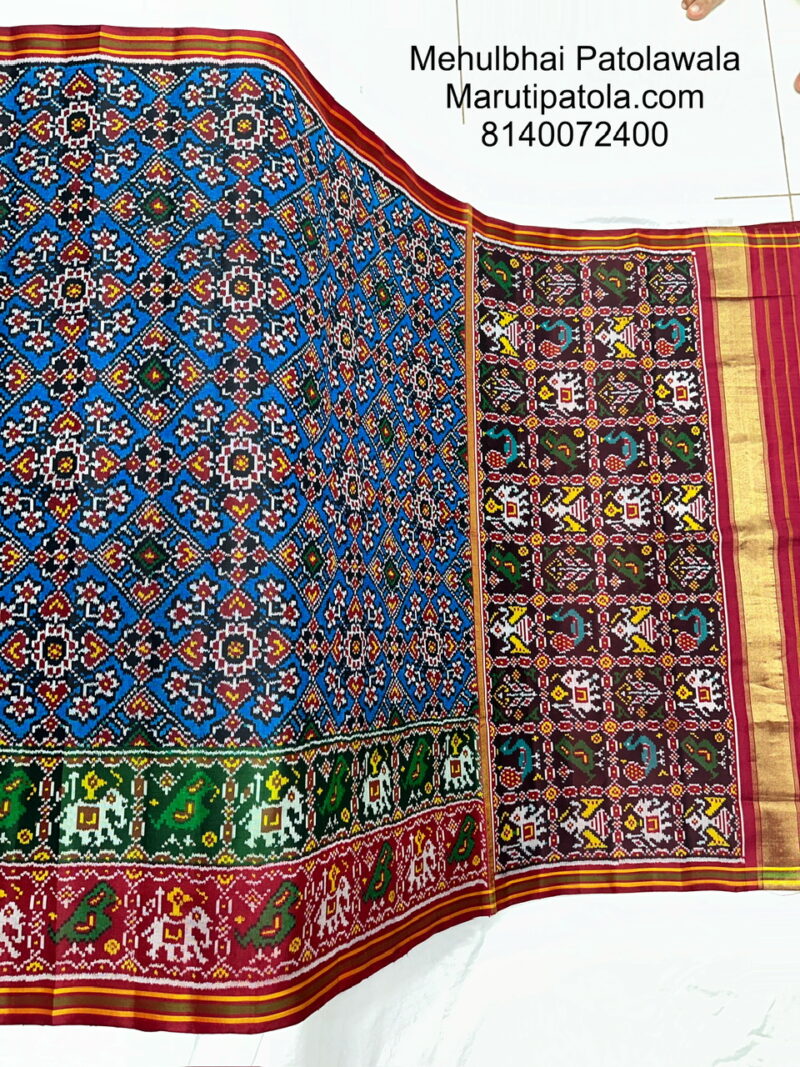 3D BORDER MAROON RED & GREEN & BLUE COLOUR TRADITIONAL SINGLE IKKAT PATAN PATOLA SAREE - Image 4