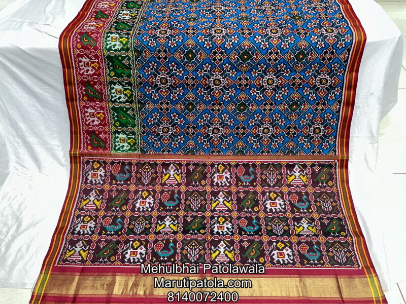 3D BORDER MAROON RED & GREEN & BLUE COLOUR TRADITIONAL SINGLE IKKAT PATAN PATOLA SAREE - Image 2