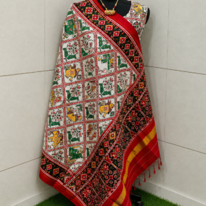 RED WITH WHITE FIGURES DESIGN SINGLE IKKAT PATAN PATOLA DUPATTA