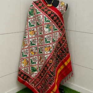 RED WITH WHITE FIGURES DESIGN SINGLE IKKAT PATAN PATOLA DUPATTA