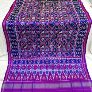 MAJNTA BLUE DESIGNER PALLU & NARIKUNJ ADTALA DESIGN & NAVY BLUE BORDER SIGNLE IKKAT PATAN PATOLA SAREE