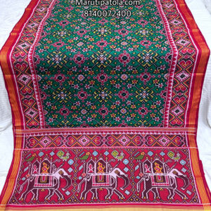 RED & GREEN ELEPHAND DESIGN PALLU WITH TRADITIONAL NAVRATNA DESIGN SINGLE IKKAT PATAN PATOLA SAREE