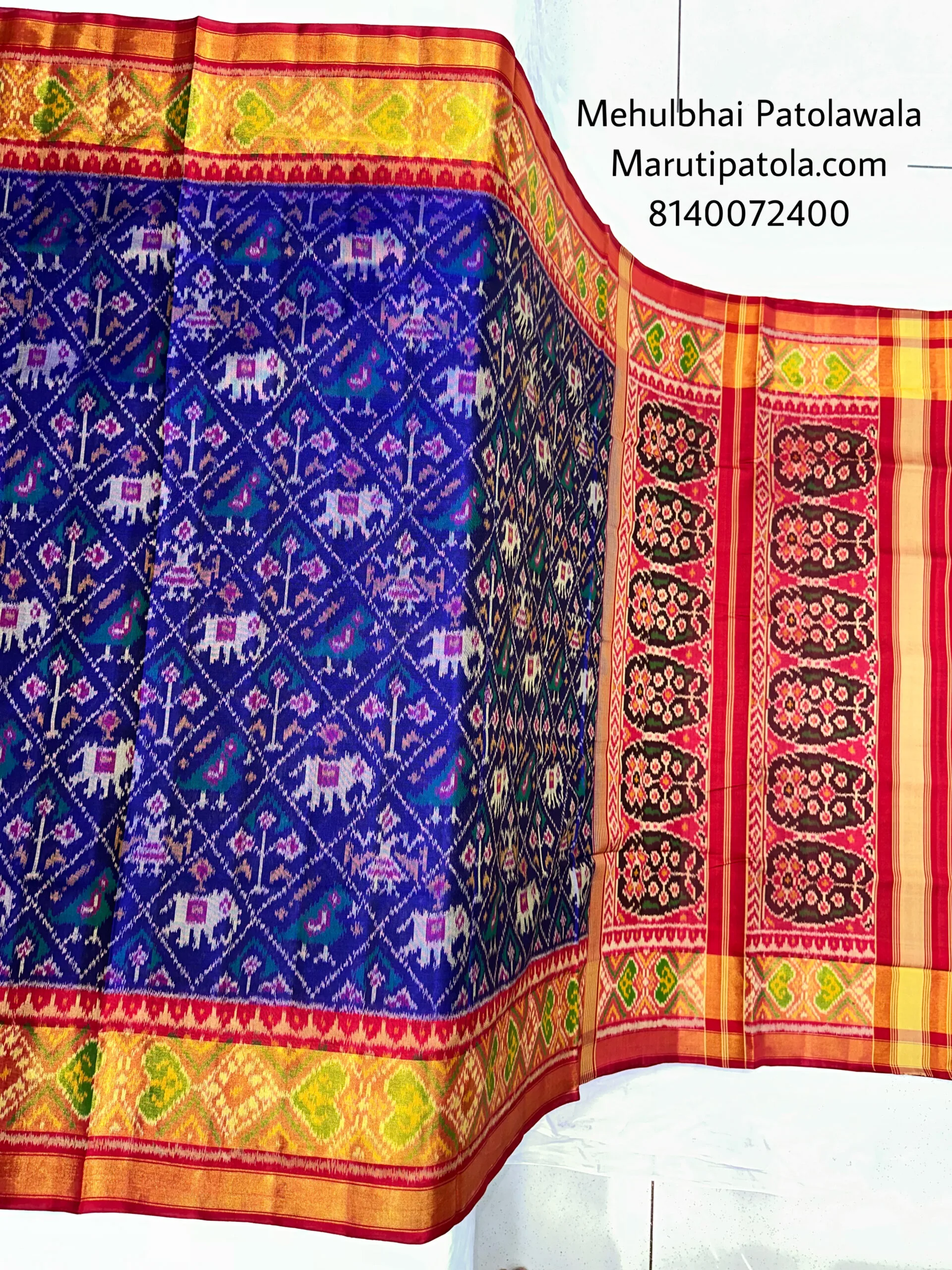 Red with Blue Narikunj Design Patola saree - Image 6