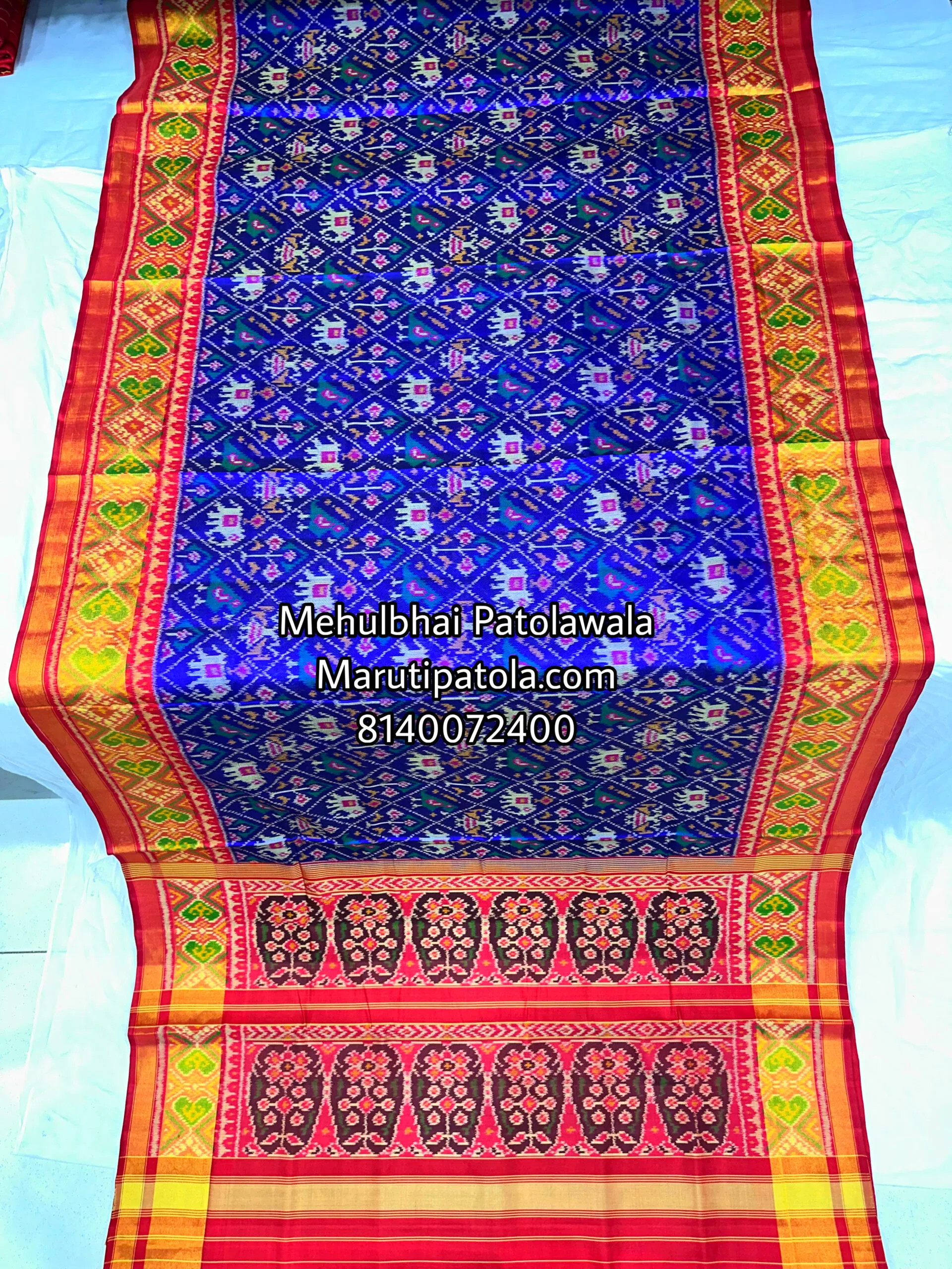 Red with Blue Narikunj Design Patola saree - Image 4